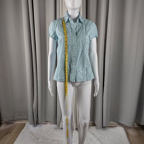 Ann Taylor 100% Cotton Blue White Checkered Short Sleeve Button Down Shirt Sz S - Picture 5 of 10